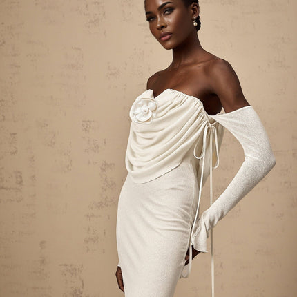 Amabile White Floral Maxi Dress with Off-Shoulder Design and Ruched Detailing