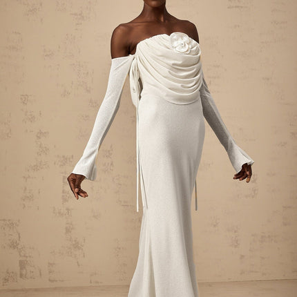 Amabile White Floral Maxi Dress with Off-Shoulder Design and Flared Cuffs
