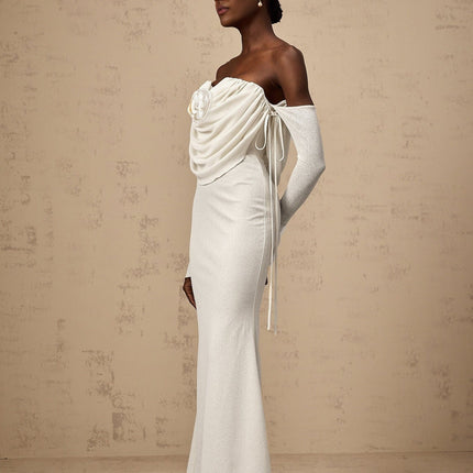 Amabile White Floral Maxi Dress with Off-Shoulder Design and Flared Hem