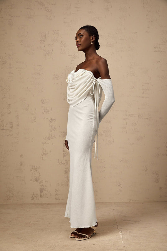 Amabile White Floral Maxi Dress with Off-Shoulder Design and Flared Hem