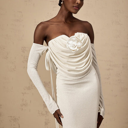 Amabile White Floral Maxi Dress with Off-Shoulder Design and Flared Cuffs