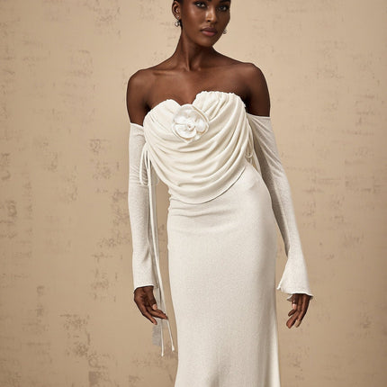 Amabile White Floral Maxi Dress with Off-Shoulder Design and Flared Cuffs