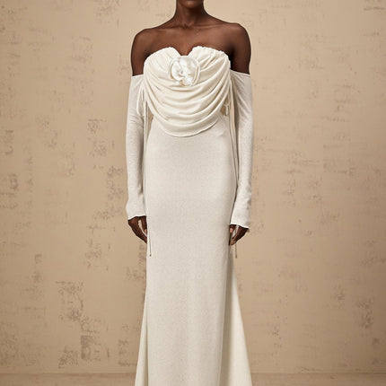 Amabile White Floral Maxi Dress with Off-Shoulder Design and Flared Hem