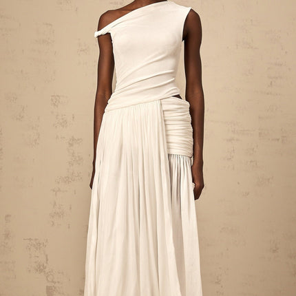 Amabile White Maxi Dress with One-Shoulder Cut and Side Slit in Terylene Fiber
