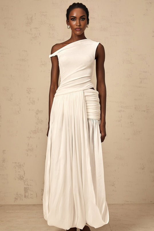 Amabile White Maxi Dress with One-Shoulder Cut and Side Slit in Terylene Fiber