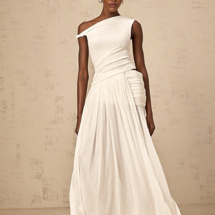 Amabile White One-Shoulder Maxi Dress with Side Slit and Cut-Out Detailing