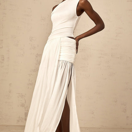 Amabile White One-Shoulder Maxi Dress with Side Slit and Cut-Out Detailing