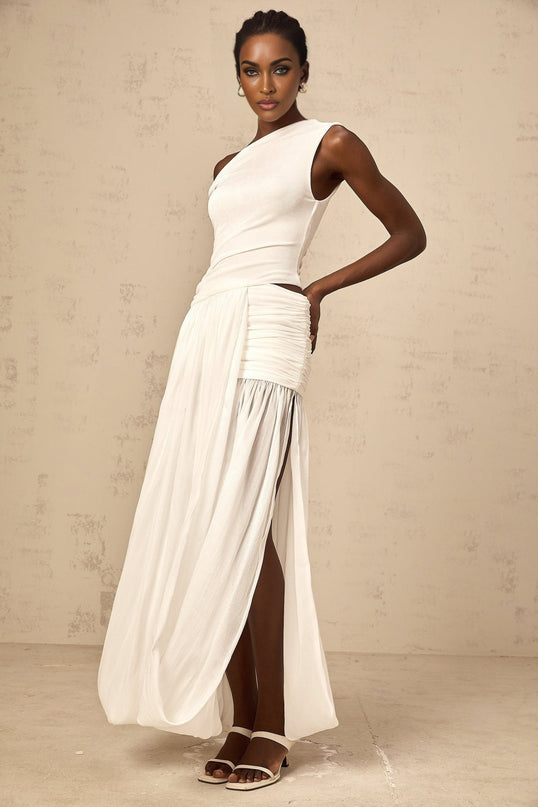 Amabile White One-Shoulder Maxi Dress with Side Slit and Cut-Out Detailing