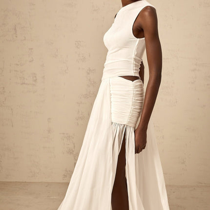 Amabile White Maxi Dress with One-Shoulder Cut and Side Slit