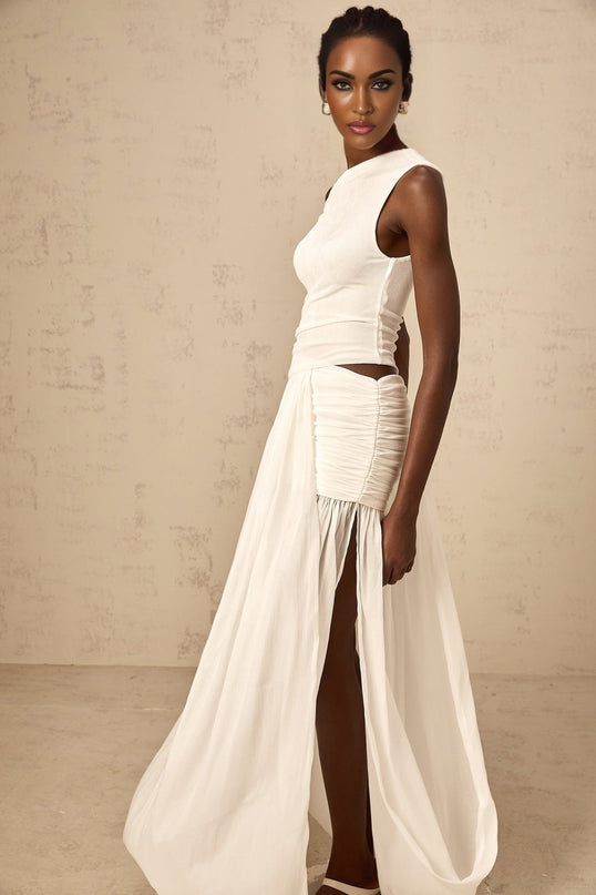 Amabile White Maxi Dress with One-Shoulder Cut and Side Slit