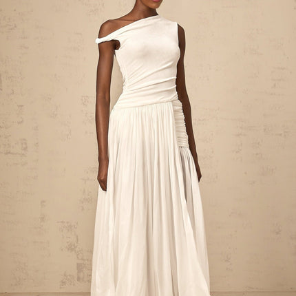 Amabile White One-Shoulder Maxi Dress with Side Slit and Cut-Out Detailing
