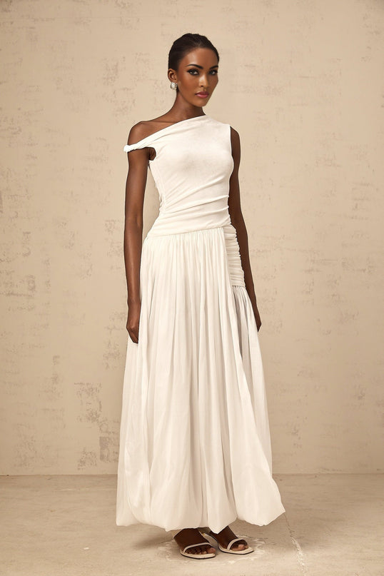 Amabile White One-Shoulder Maxi Dress with Side Slit and Cut-Out Detailing