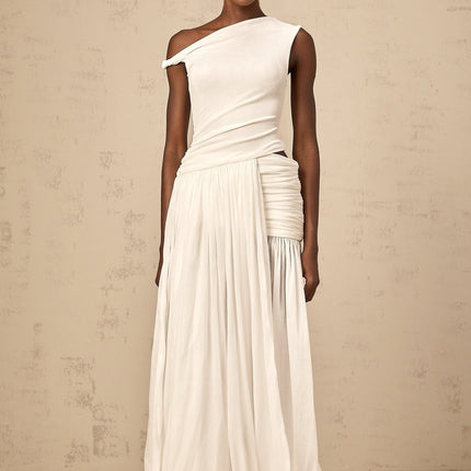 Amabile White Maxi Dress with One-Shoulder Cut and Side Slit