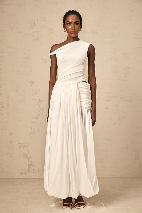 Amabile White Maxi Dress with One-Shoulder Cut and Side Slit