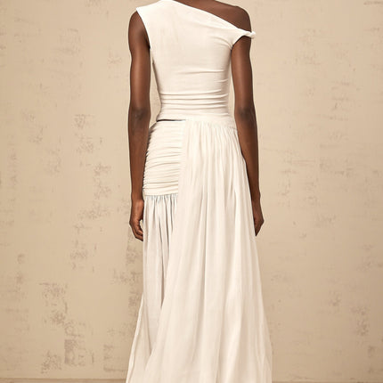 Amabile White One-Shoulder Maxi Dress with Side Slit and Cut-Out Detailing