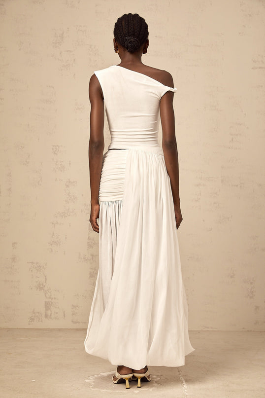 Amabile White One-Shoulder Maxi Dress with Side Slit and Cut-Out Detailing