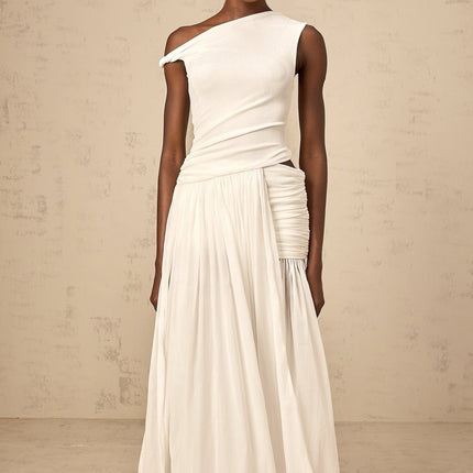 Amabile White One-Shoulder Maxi Dress with Side Slit and Cut-Out Detailing
