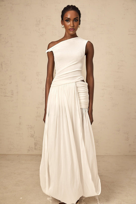 Amabile White One-Shoulder Maxi Dress with Side Slit and Cut-Out Detailing