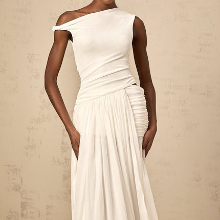 Amabile White One-Shoulder Maxi Dress with Side Slit and Cut-Out Detailing