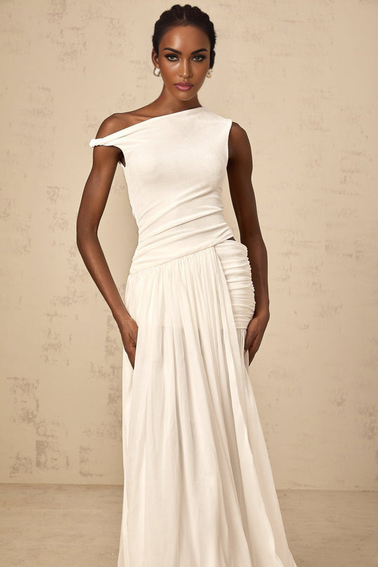 Amabile White One-Shoulder Maxi Dress with Side Slit and Cut-Out Detailing