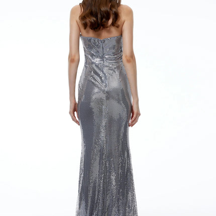 Amaia Silver Off Shoulder Ruched Maxi Dress with Slit