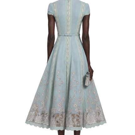 Amália Blue Scalloped Floral Embroidered Midi Dress