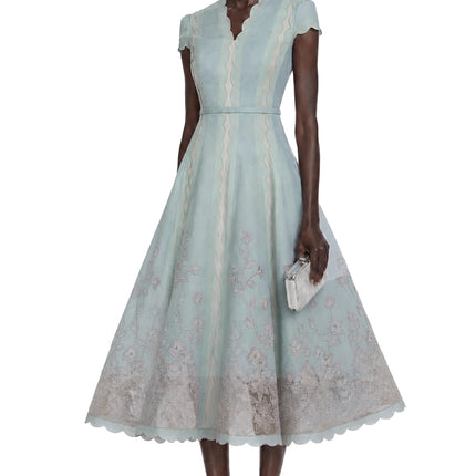 Amália Blue Scalloped Floral Embroidered Midi Dress