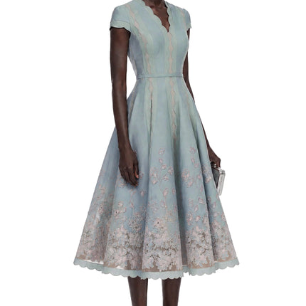 Amália Blue Scalloped Floral Embroidered Midi Dress