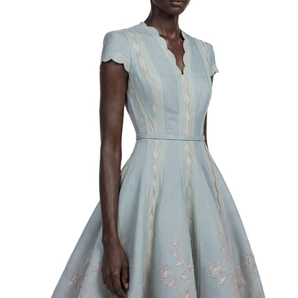 Amália Blue Scalloped Floral Embroidered Midi Dress