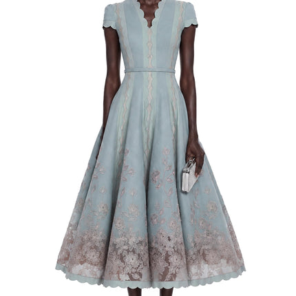 Amália Blue Scalloped Floral Embroidered Midi Dress