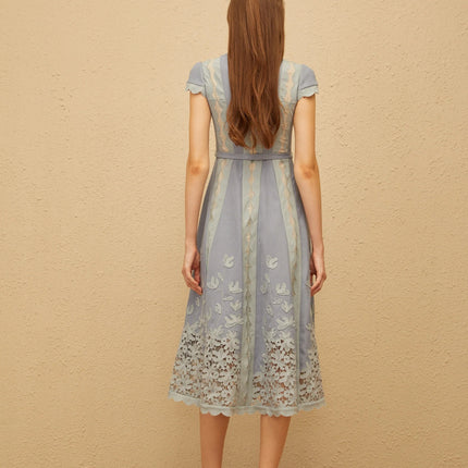 Amália Blue Scalloped Floral Embroidered Midi Dress