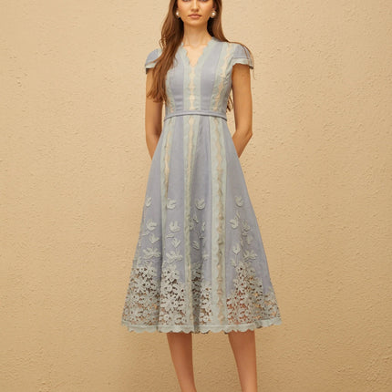Amália Blue Scalloped Floral Embroidered Midi Dress