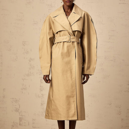 Amalia Khaki Cotton Trench Coat with Wide Layered Lapels and Belted Waist