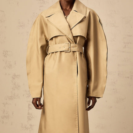 Amalia Khaki Trench Coat 100% Cotton Wide Layered Lapels V-neck Curved Sleeves Split Sleeves Button Fastening Belted Waist Storm Flap Central Rear Vent Side Slit Pockets Single-breasted Below-knee Length Timeless Investment Piece Modern Woman Style Functionality