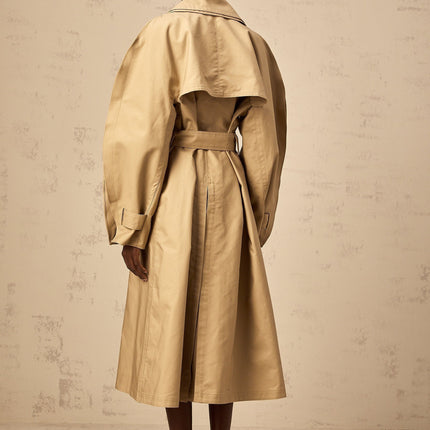 Amalia Khaki Trench Coat 100% Cotton V-neck Split Sleeves Belted Waist Storm Flap Rear Vent Slit Pockets Single-breasted Below-Knee Length