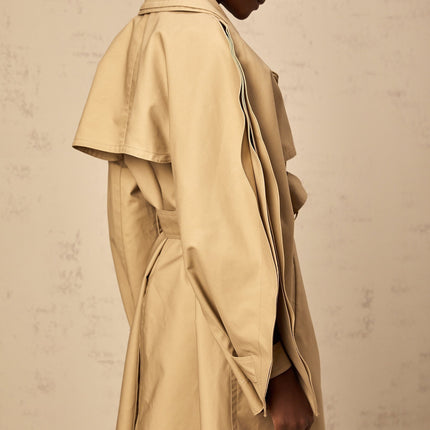 Amalia Khaki Trench Coat 100% Cotton V-neck Split Sleeves Belted Waist Storm Flap Rear Vent Side Slit Pockets Single-breasted Below-knee Length