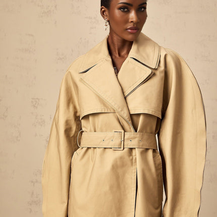 Amalia Khaki Trench Coat 100 Percent Cotton V-Neck Split Sleeves Button Fastening Belted Waist Storm Flap Rear Vent Side Slit Pockets Single-Breasted Below-Knee Length