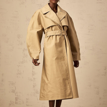 Amalia Khaki Trench Coat 100% Cotton V-Neck Split Sleeves Belted Waist Storm Flap Rear Vent Slit Pockets Single-Breasted Below-Knee Length