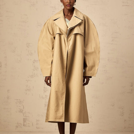 Amalia Khaki Trench Coat 100% Cotton V-neck split sleeves belted waist storm flap rear vent slit pockets single-breasted below-knee length