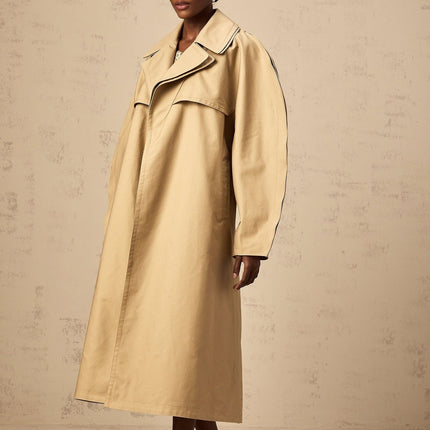 Amalia Khaki Trench Coat 100% Cotton V-Neck Split Sleeves Button Fastening Belted Waist Storm Flap Rear Vent Side Slit Pockets Single-Breasted Below-Knee Length