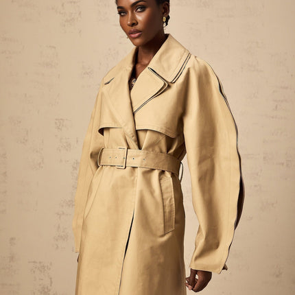 Amalia Khaki Trench Coat 100% Cotton Wide Layered Lapels V-neck Curved Sleeves Split Sleeves Button Fastening Belted Waist Storm Flap Central Rear Vent Side Slit Pockets Single-breasted Below-knee Length Timeless Investment Piece Modern Woman Style Functionality