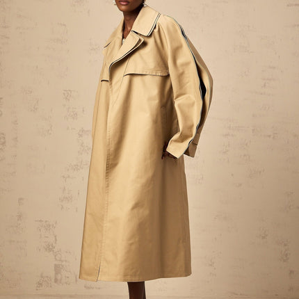 Amalia Khaki Trench Coat 100 Percent Cotton V-Neck Wide Lapels Split Sleeves Button Fastening Belted Waist Storm Flap Rear Vent Slit Pockets Single-Breasted Below-Knee Length Elegant Functional