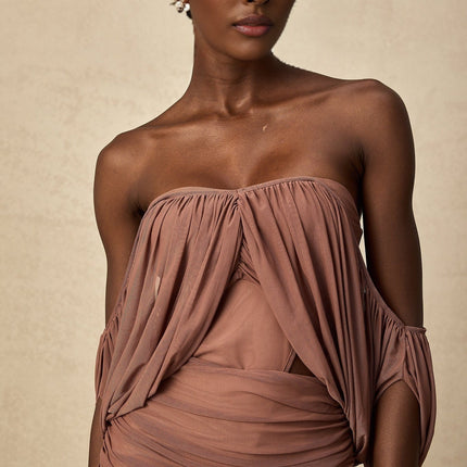 Amalia Light Brown Bodysuit Skirt Matching Set