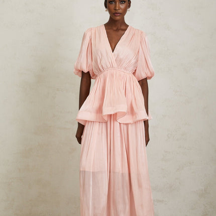 Amalia Maxi Dress in Pink pleated ruffles glossy V-neck short puff sleeves peplum waist elegant rear button fastening Terylene fiber luxurious timeless style
