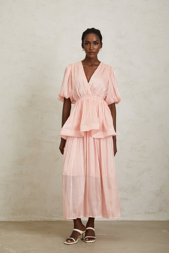 Amalia Maxi Dress in Pink pleated ruffles glossy V-neck short puff sleeves peplum waist elegant rear button fastening Terylene fiber luxurious timeless style