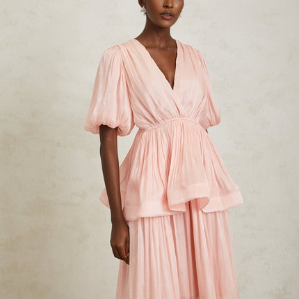 Amalia Maxi Dress in Pink with pleated ruffles and glossy finish