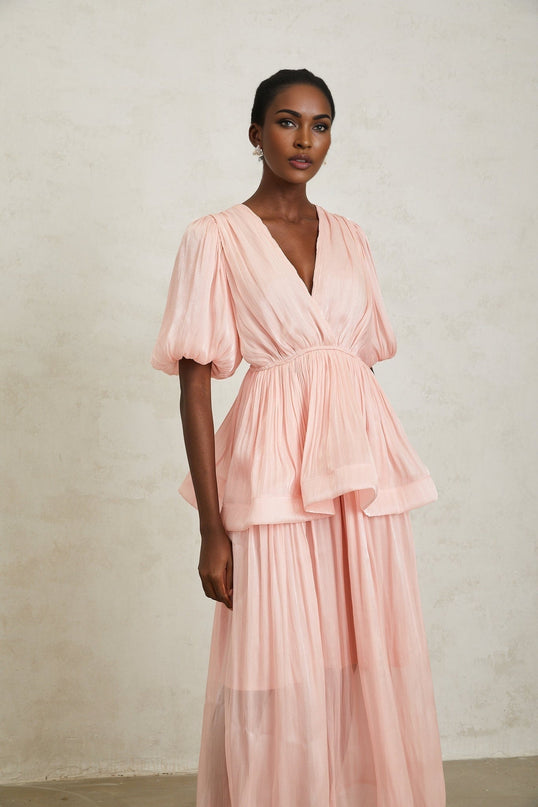 Amalia Maxi Dress in Pink with pleated ruffles and glossy finish
