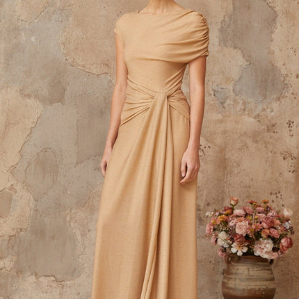 Amalia Metallic Gold Maxi Dress with Twist Knot and Draped Design
