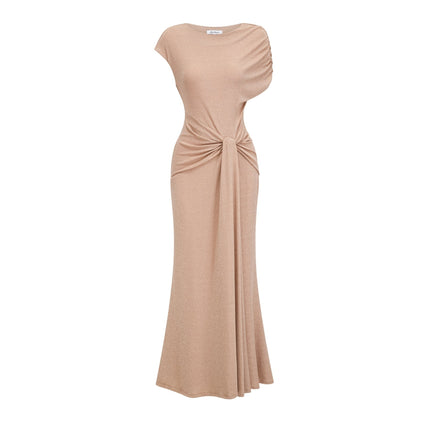 Amalia Metallic Gold Maxi Dress with Twist Knot and Draped Design