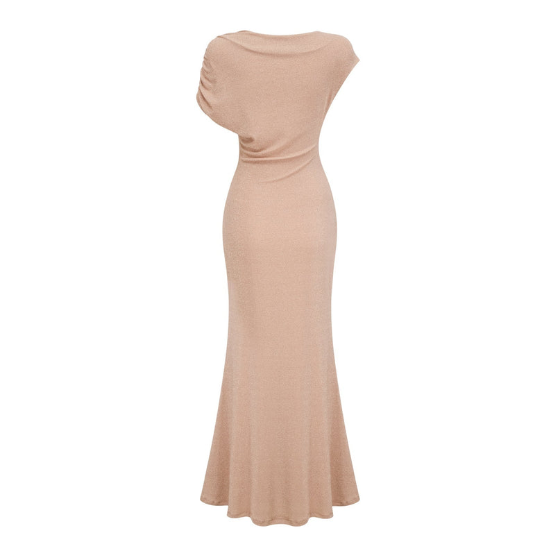Amalia Metallic Gold Maxi Dress with Pleated Detailing and Asymmetrical Hem